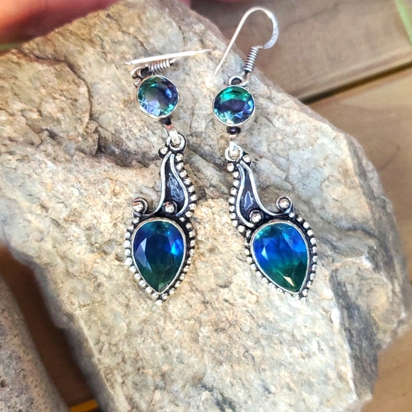 Handmade Jewelry - New Bi-Color Tourmaline & Blue Topaz 925 Silver Earrings.
